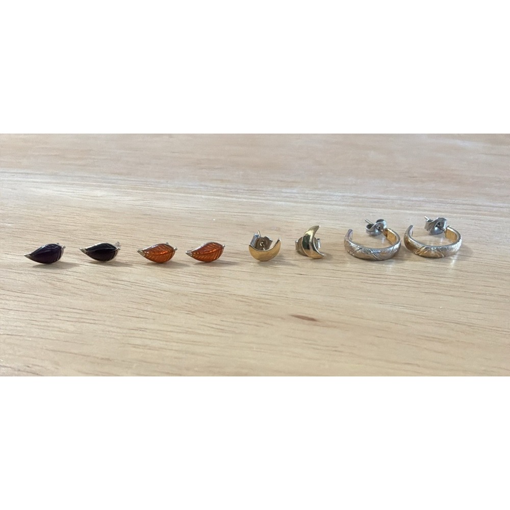 Vintage Lot Of Pierced Earrings Gold Tone Lot Of 4 Pair Enamel Leaves Moons Hoop